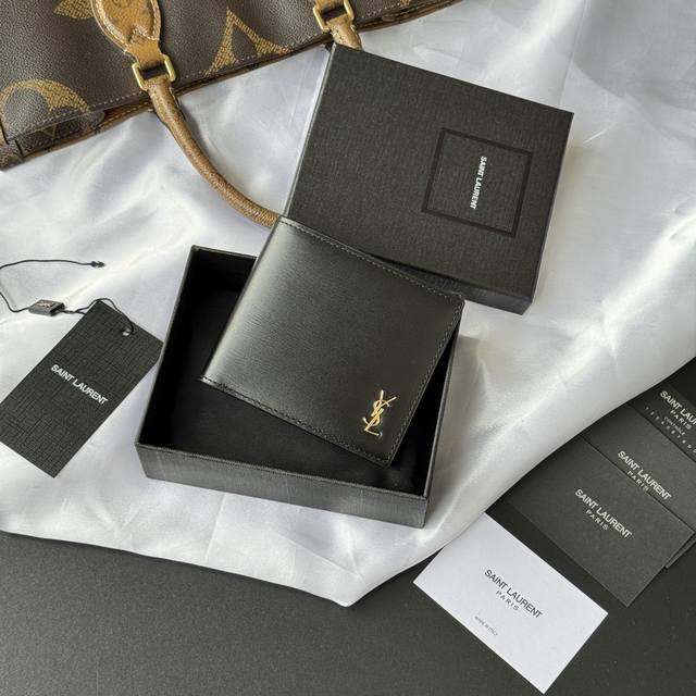 Top-quality original YSL men's wallet, black toothpick-textured cowhide leather.