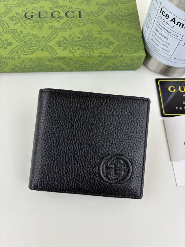 Guccl New Gg Emblem Series Extra Soft Lychee Textured Black Leather Blended Gg S