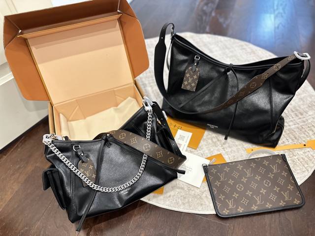 Official double-box full packaging Louis Vuitton black Carryall with chain shoul