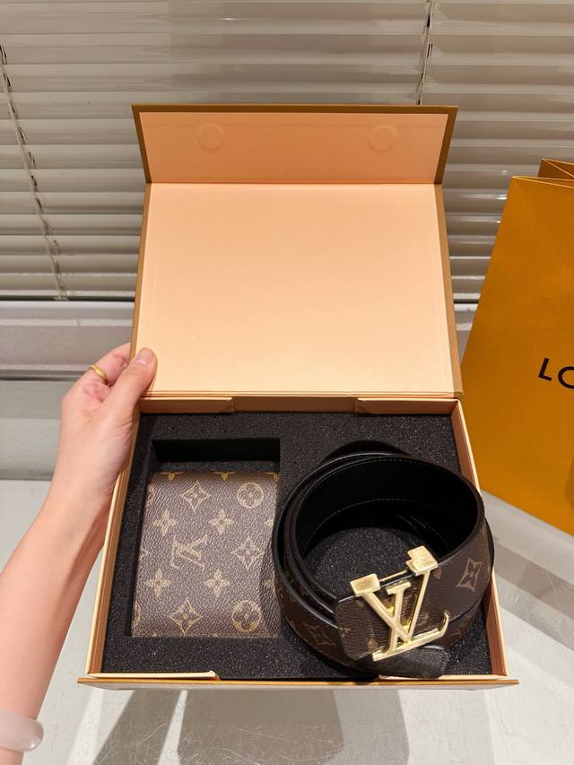 Original wallet and belt with gift box, high-quality replica! LV cowhide leather