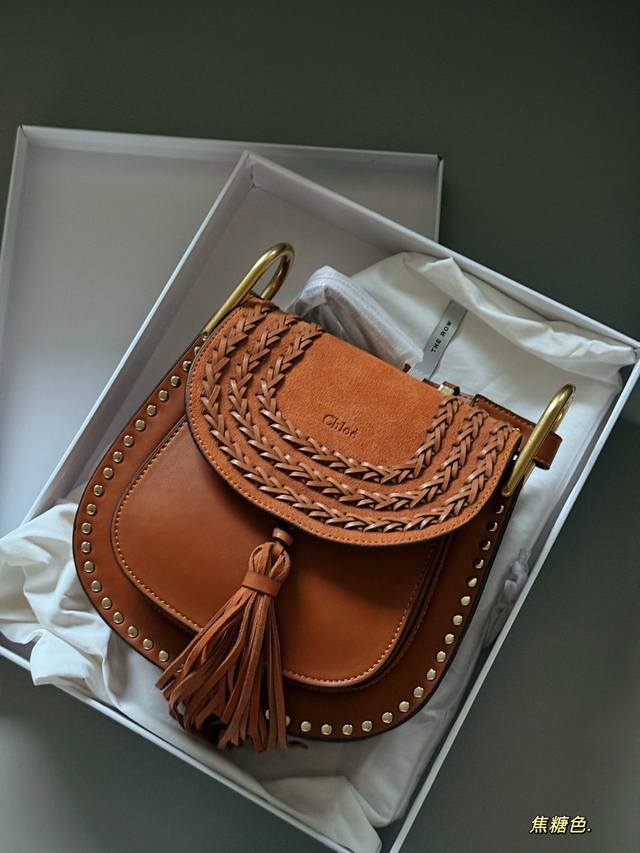 Comes with box. Size: 23*22cm. Chloe saddle bag. Suede, tassel, studded, horsesh