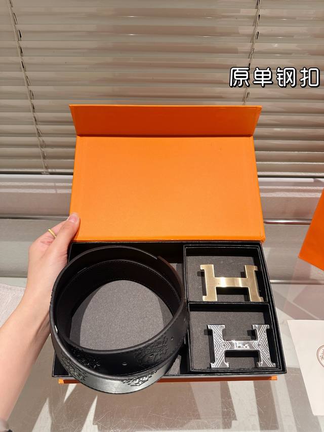 Double-ended steel buckle high-quality version! Hermes cowhide leather belt - th