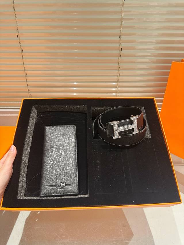 Original wallet and belt with gift box, high-quality replica! Hermes cowhide lea