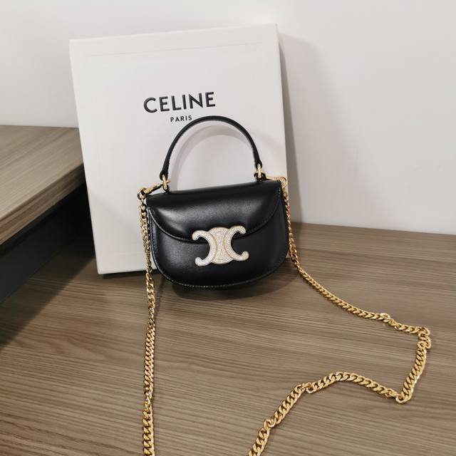 Authentic Besace Triomphe Mini Glossy Calfskin Leather Rhinestone Lock Chain Ha