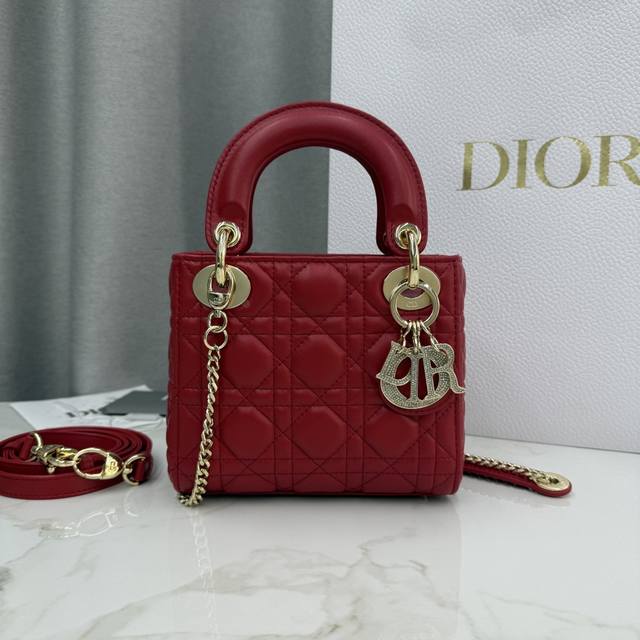 Top-quality original single-compartment bright red lambskin Lady Dior bag with d