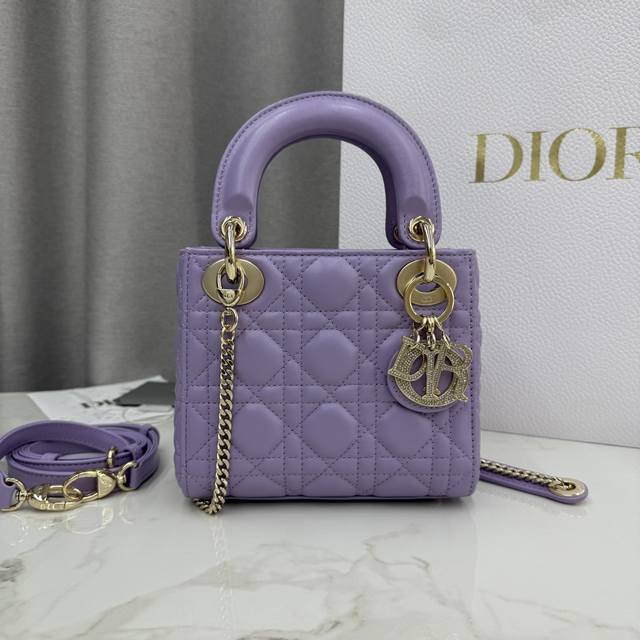 Top-quality original single-compartment purple lambskin diamond buckle Lady Dior