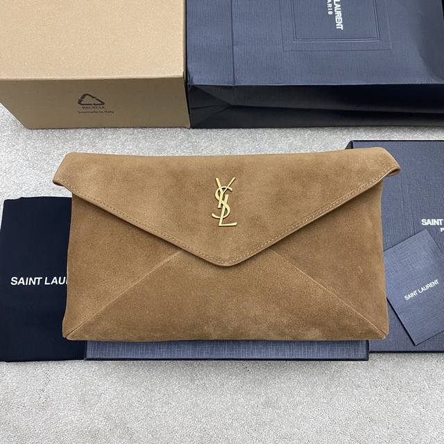 Original Leather Matte Caramel Gold New YSL Large Envelope Clutch Bag, exquisite
