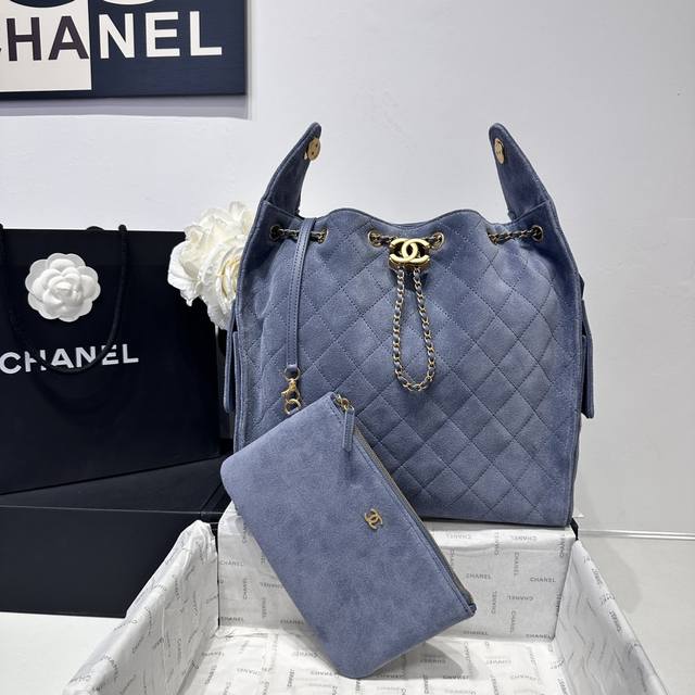 25C Gray-blue deerskin hip-hop bag Chanel Hobo shoulder bag, large size Retro go