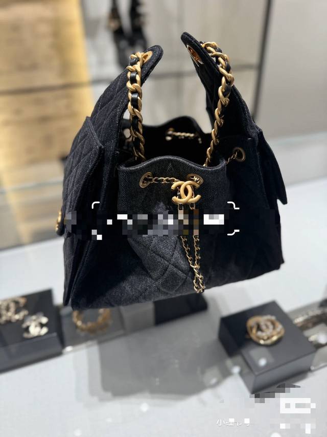 Small Size New Dark Denim Hippie Bag Open top, drawstring, pockets, gold chain