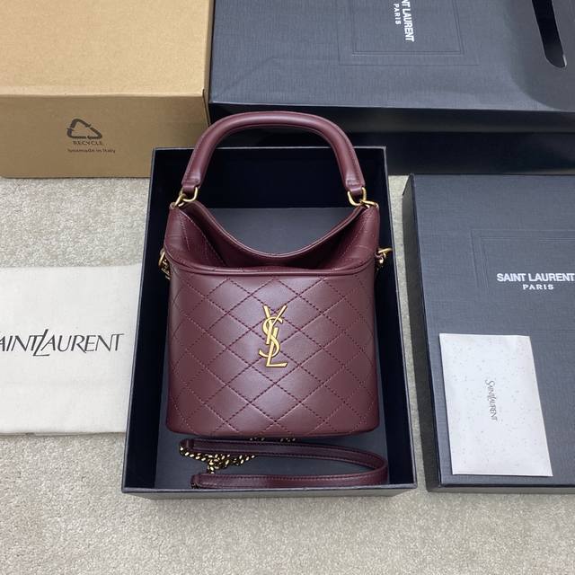 Original Leather Maroon Lambskin Gold YSL Gaby Series New Bucket Bag Made of All