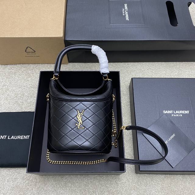 Original Leather Black Lambskin Gold YSL Gaby Series New Bucket Bag Made of All-