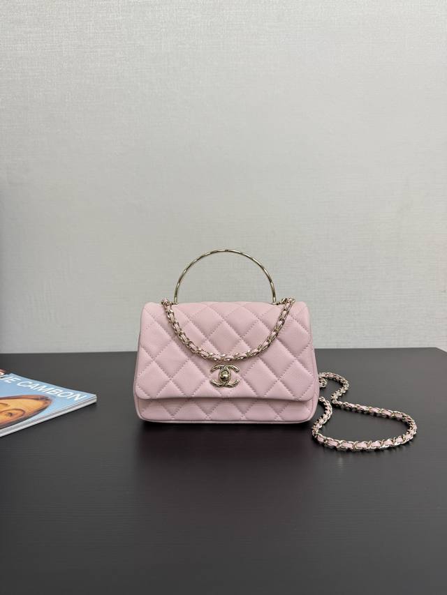 Original Leather, In Stock, Spring/Summer, Metal Handle Flap Bag, Quilted Metal