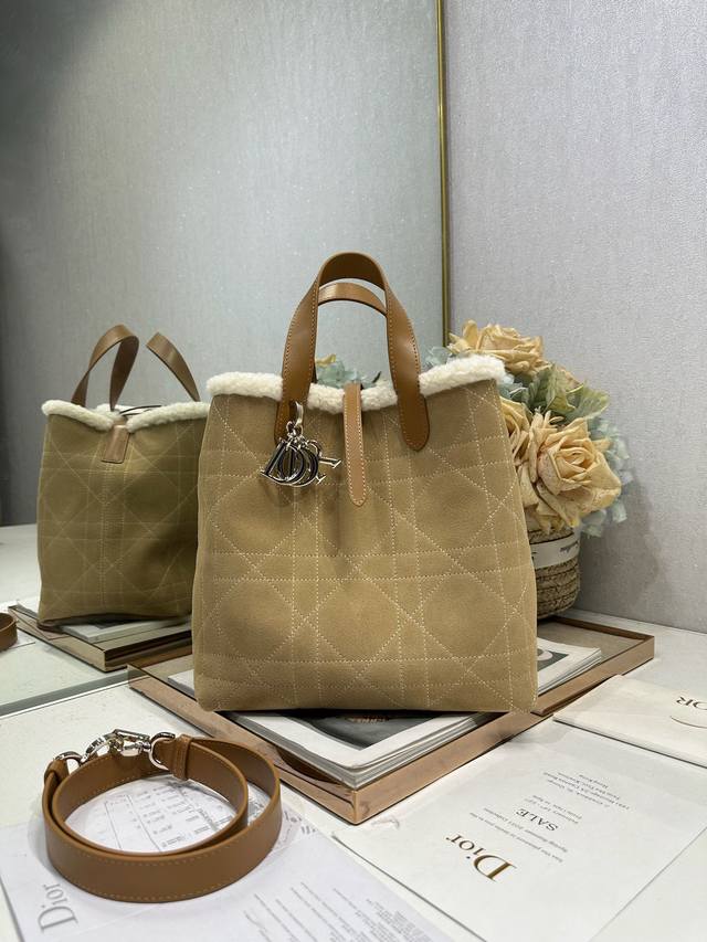 Authentic Medium Dioralps Dior Toujours Vertical Handbag, Almond Velvet and Leat