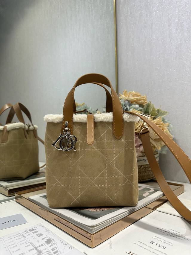 Authentic Small Dioralps Dior Toujours Vertical Handbag, Almond Velvet and Leath