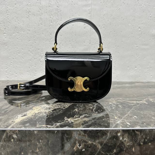 Authentic Besace Triomphe Mini Patent Leather Handbag 6 x 5 x 2 inches (15.5 x