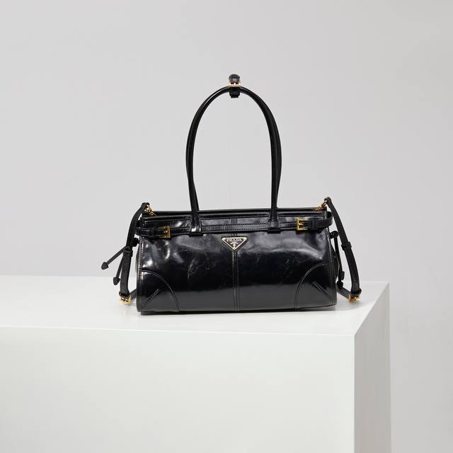 Lussolf Oil-Waxed Leather 1Ba426 Black Oil-Waxed Leather Handbag with Long Handl