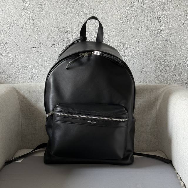 Genuine leather backpack with embossed Saint Laurent logo and external zip pock