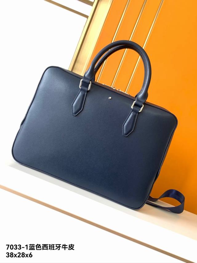 Briefcase Model: 7033-1# Blue ivory-grain top-grain cowhide leather #Top-qualit