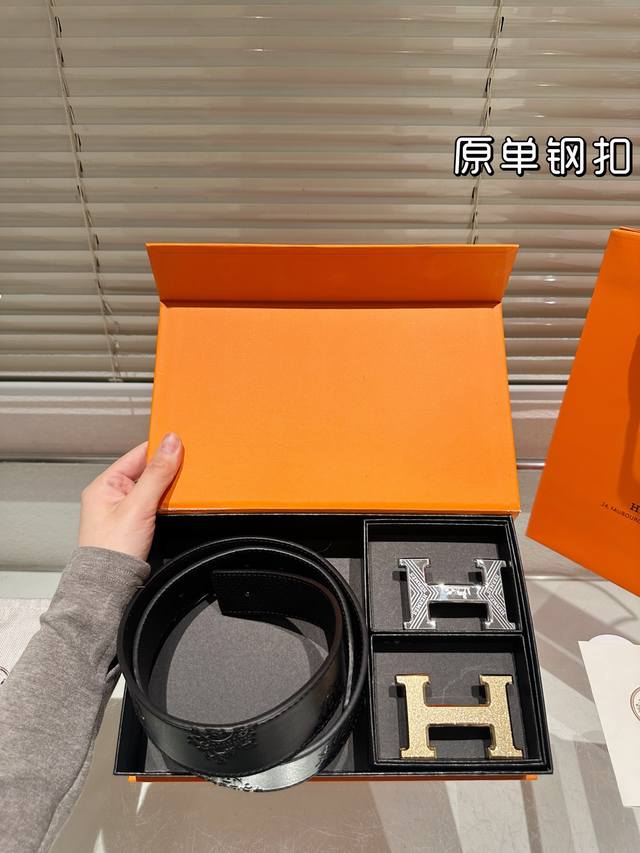 Double-headed steel buckle High-quality version! Hermes cowhide leather belt - t