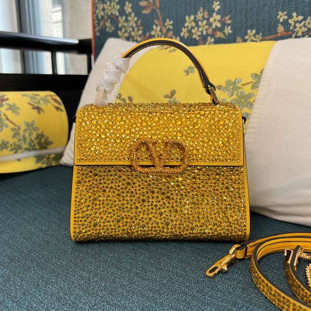 Model: 3082# Vsling Mini Calfskin Handbag with All-over Rhinestone Embroidery,