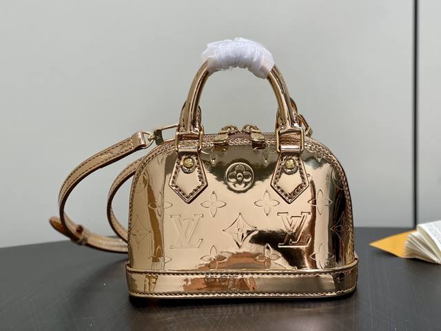 Original Quality M27037 Gold Mirror Patent Leather Mini Shell Bag. This Alma Nan