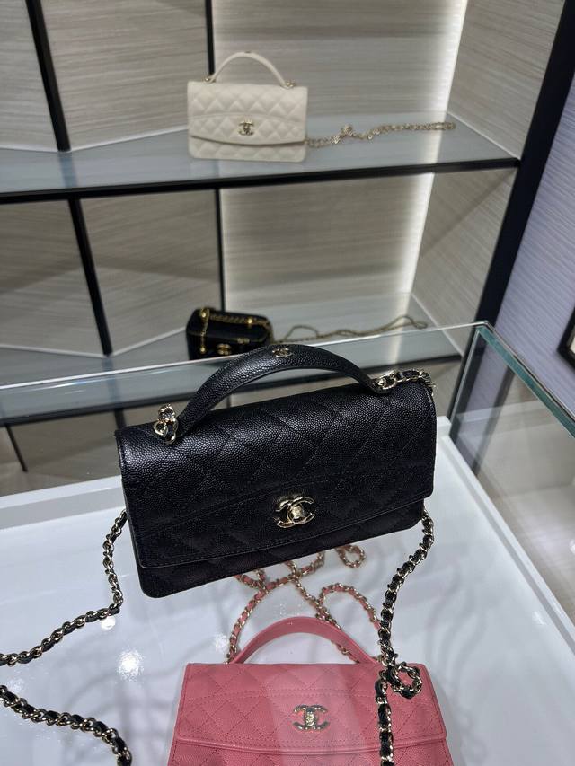 Ohanel 25C New Woc Accordion Bag with Double C Metal Logo, Gold Buckle Chain, Gr