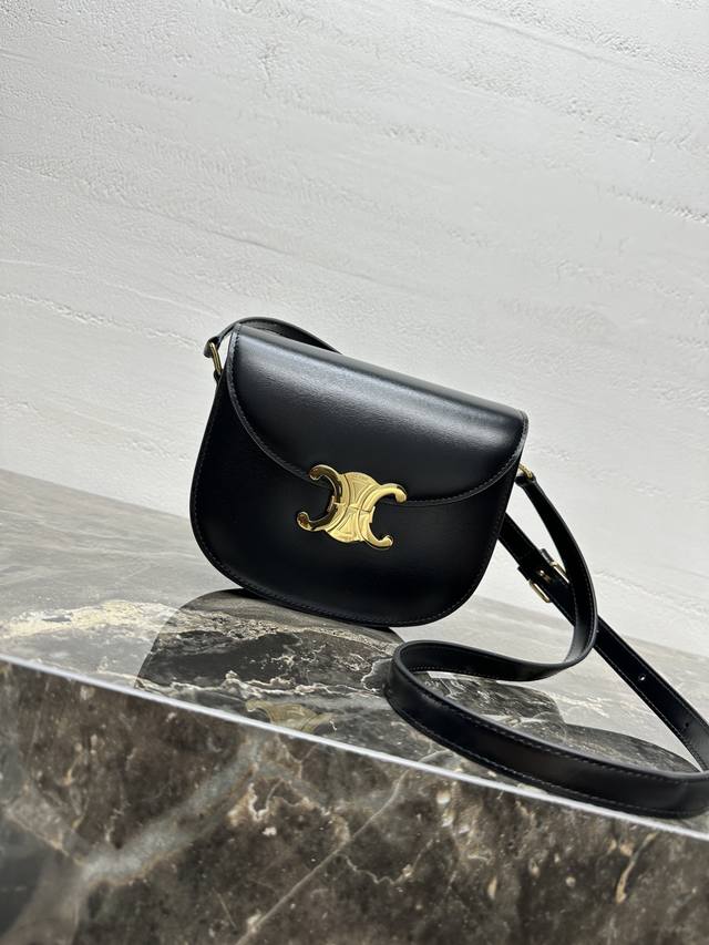 Authentic Teen Besace Triomphe Glossy Calfskin Leather Handbag with All-Steel H