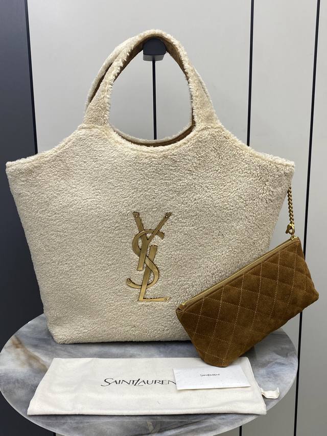 Original Leather YSL Icare Plush Tote Bag in Creamy White Lambswool with Gold ac