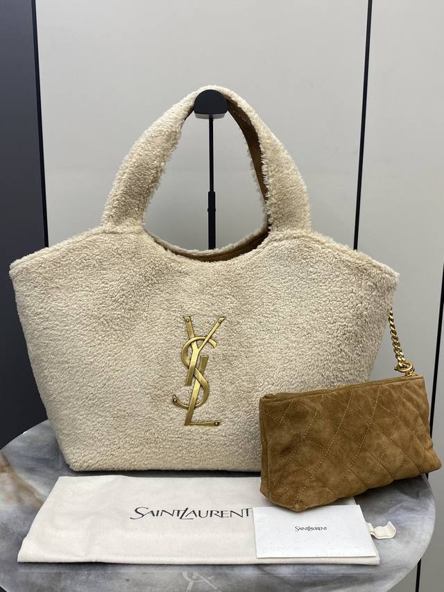Original Leather YSL Icare Tote, Milk White Lambswool Gold Label. This new small