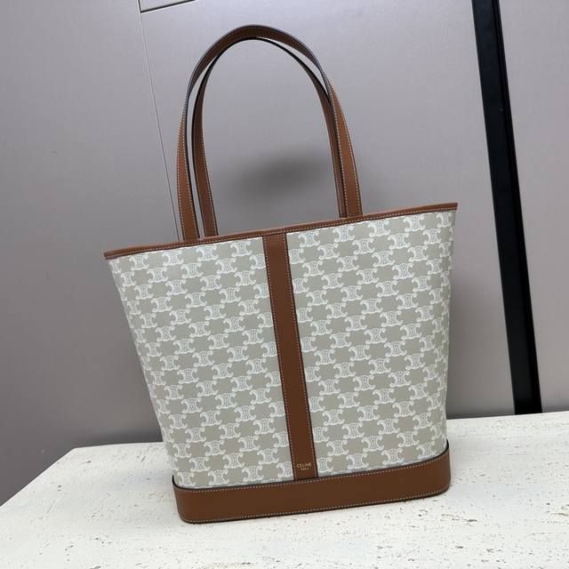 Authentic Cabas Medium Logo Print Calfskin Leather Handbag, Tan, 12 x 12 x 6 in