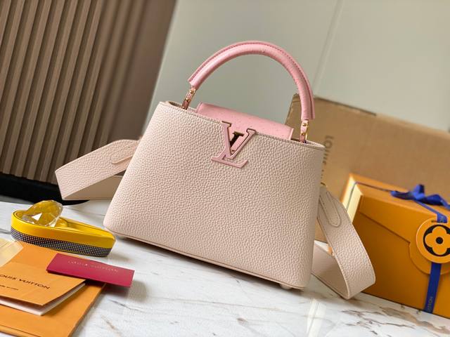 Premium Genuine Leather N81409 Pink with Ostrich Gold Buckle This Capucines BB h