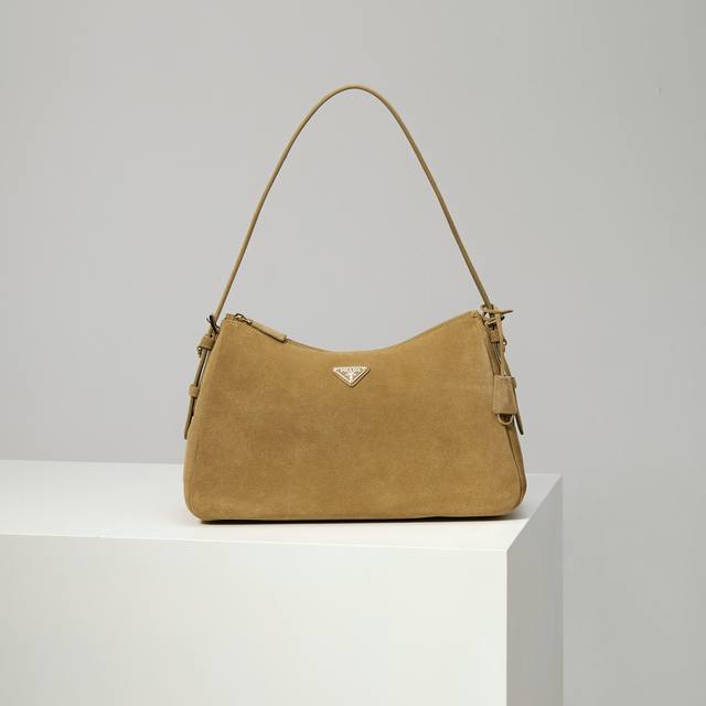 Premium Original 1Bc228 Cinnamon Nude Suede Prada Etude Large Handbag. The new P