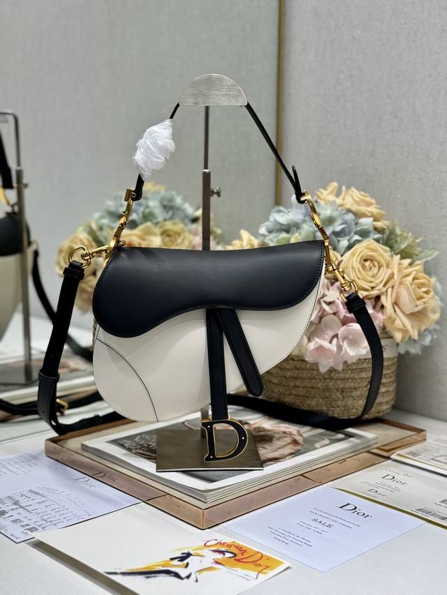 Dior Saddle Bag in Color Block with Shoulder Strap, White and Black ( ) This cla