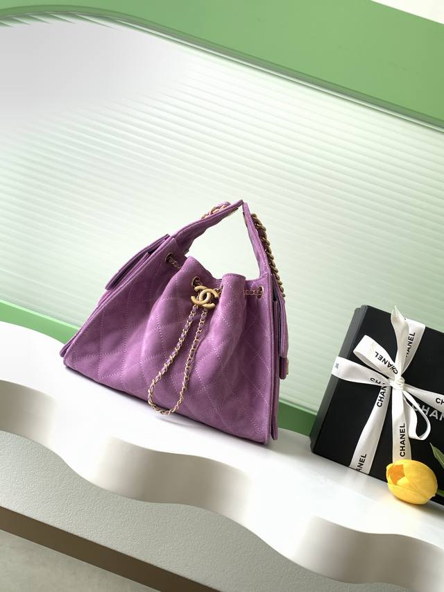 26C Bag, Suede Leather, Vintage Gold Coin Button Drawstring Bucket Bag with Quil