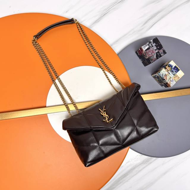 Authentic Dark Brown Gold Buckle Double Chain Loulou Puffer Mini Bag is here! Th