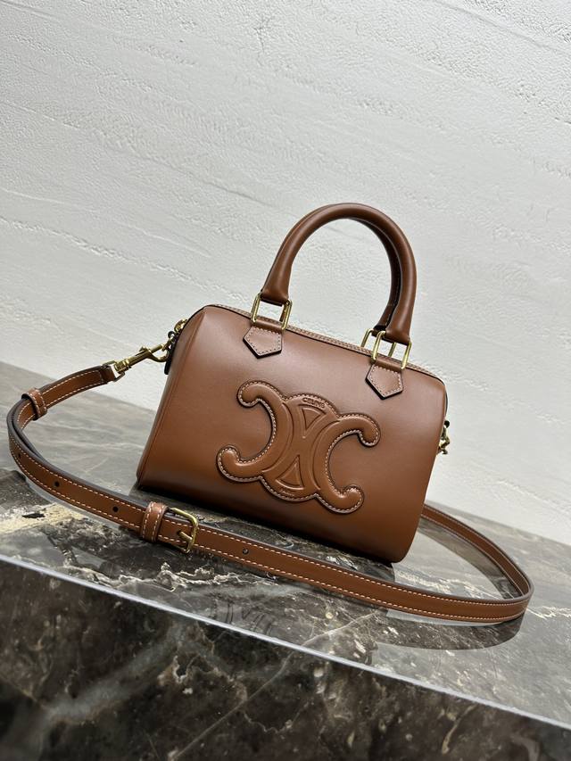 Authentic Small Smooth Calfskin Boston Bag with All-Steel Hardware Calfskin Leat