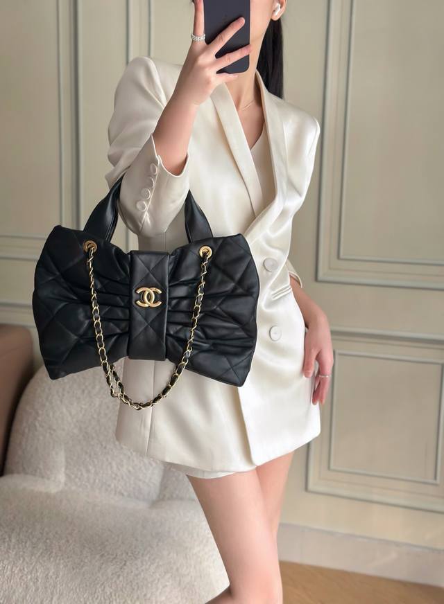 Brand New Arrival Lambskin Bow Bag, Black, Large Size Purchased from Chanel 25K