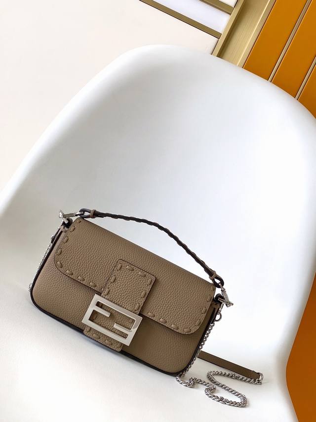 Authentic Grey Small Baguette Bag in pebbled leather with large, hand-stitched s