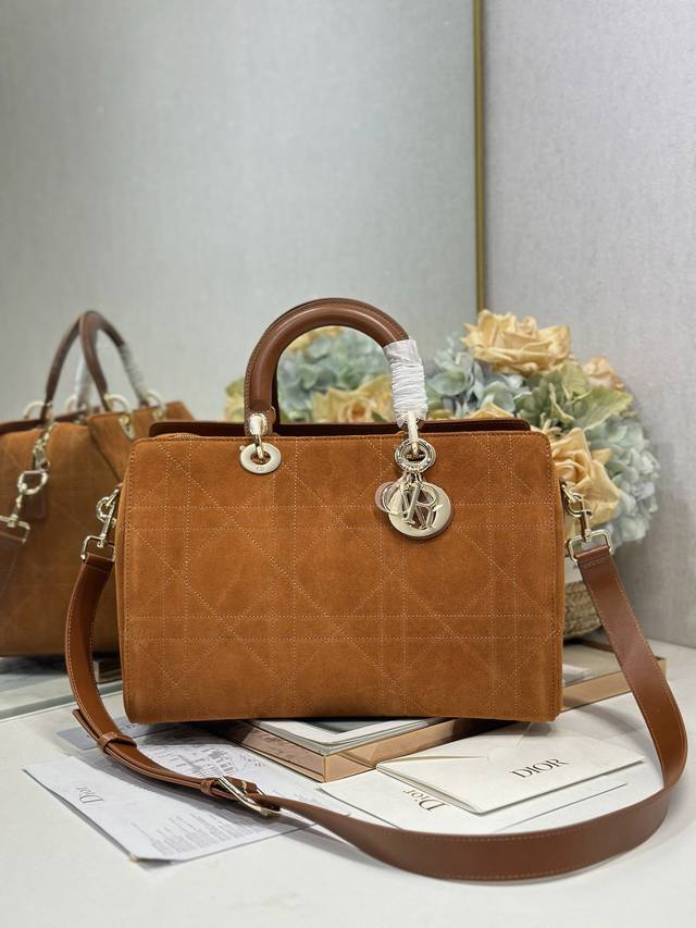 Authentic, High-Quality Lady Dior New Handbag, Large Brown with Fleece Trim. The