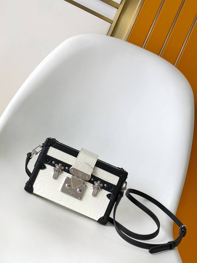 Exclusive Real Shot of Petite Malle Handbag M87035 White Crocodile Leather M4027