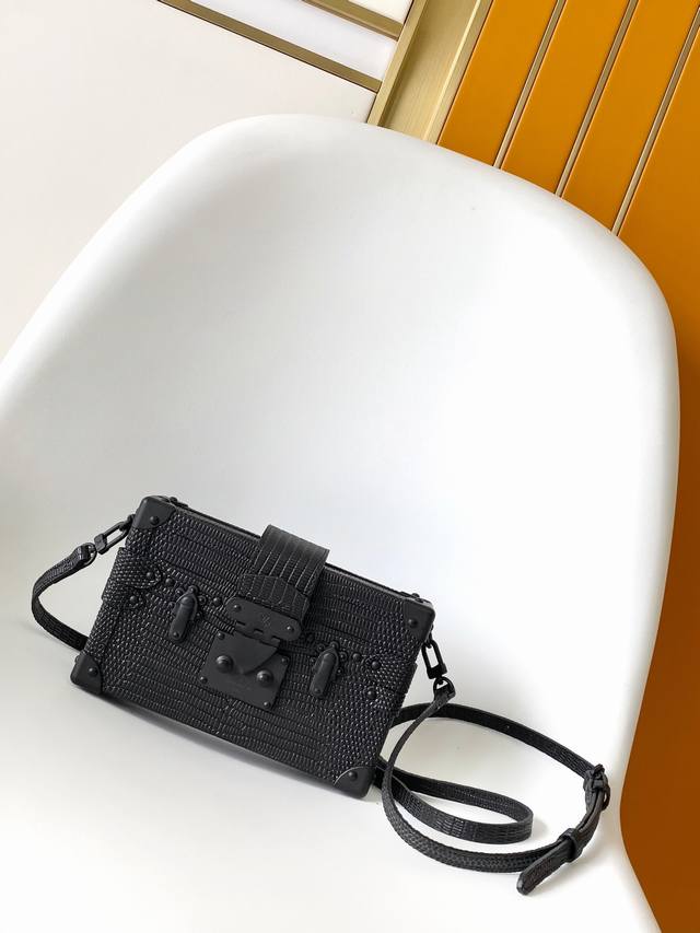 Exclusive Real Shot of Petite Malle Handbag M85818 Black Lizard Skin M40273. Thi