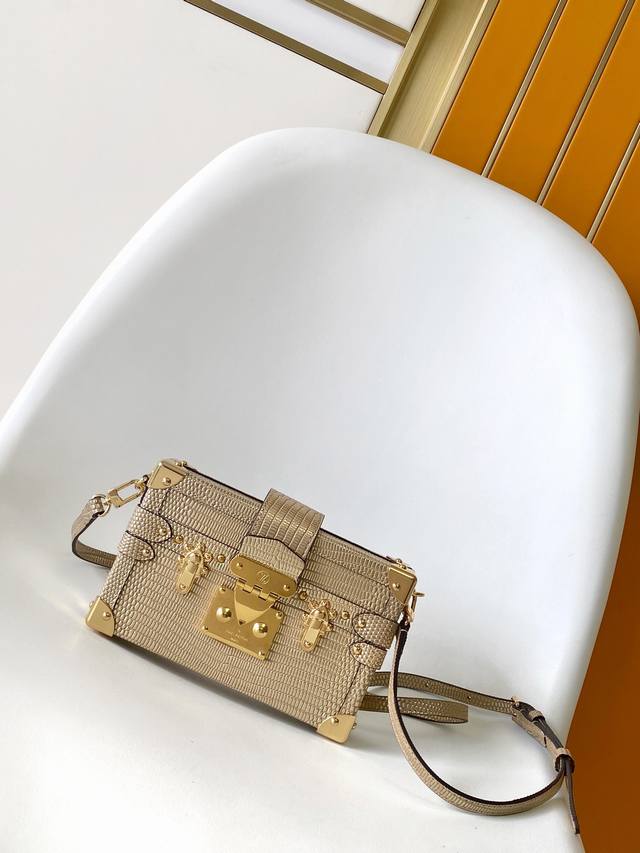 Exclusive Real Shot of Petite Malle Handbag 87034 Gold Lizard Skin M40273. This
