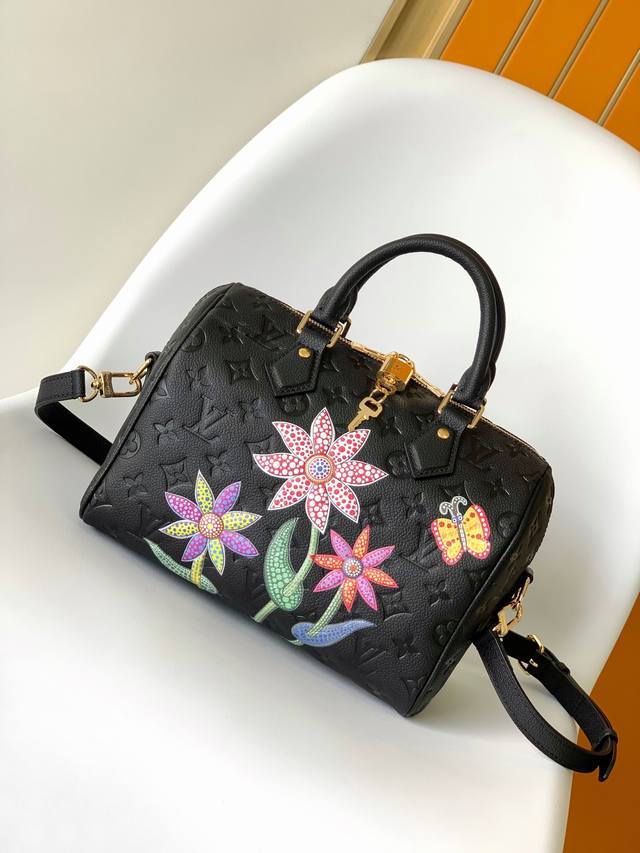 M46415 Black Floral Full Leather Pillow Bag, Speedy Series Lv X Yk Speedy Bandou