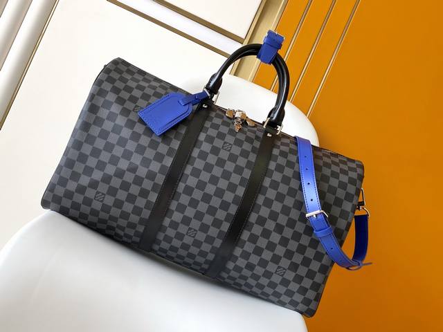 Top-tier original N00096 Black checkered with blue microcode chip. This Keepall