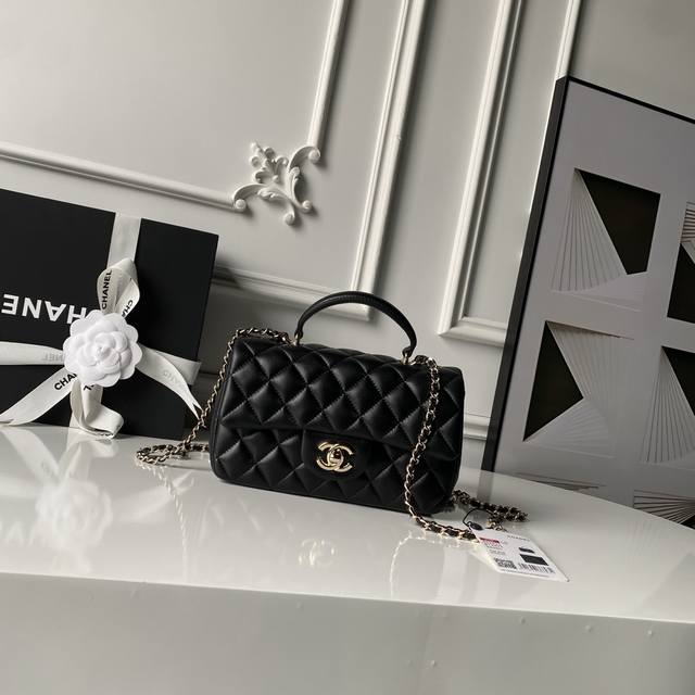 Light Gold Chanel 21K Latest Mini CF Handle Bag As2431. A classic quilted flap