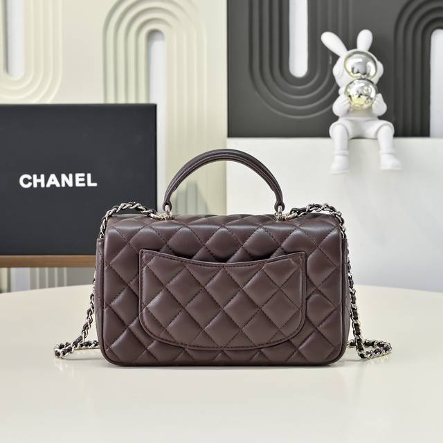 Chane* New Handle Cf Chocolate Brown Mini The luster and texture of the lambskin