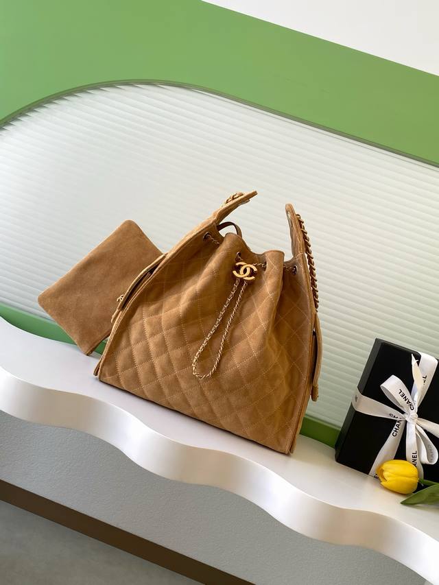 26C Bag, Suede Leather, Vintage Gold Coin Button Drawstring Bucket Bag with Quil