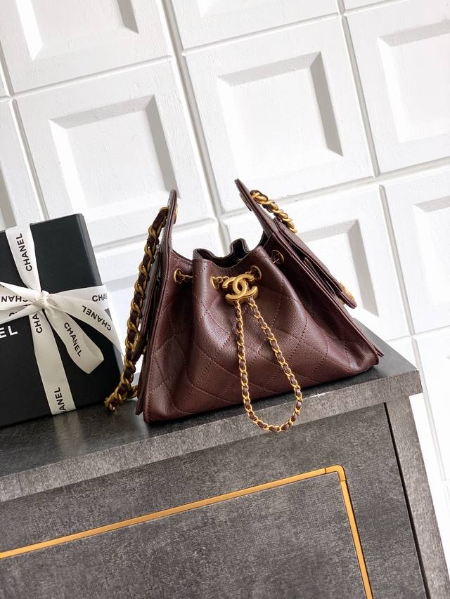 Coffee Brown Mini Size 5631 Ohanel Caviar 25B, Hobo Bag Drawstring Bucket Bag C