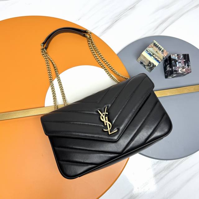 Authentic Black Lambskin Antique Gold 25 Early Spring New Loulou Medium Size, ex