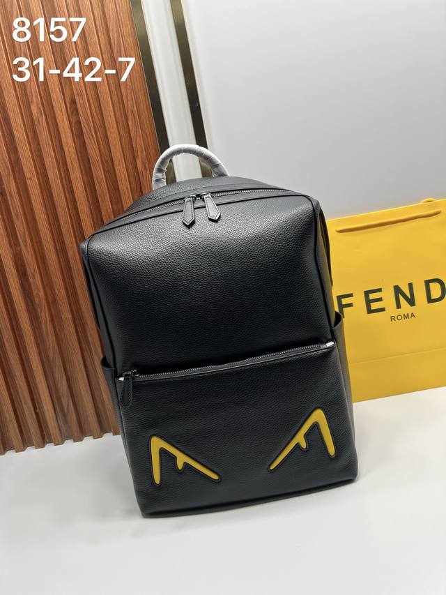 Fendi 8157 New Men's Double F Jacquard Backpack, with a curved top handle and ad